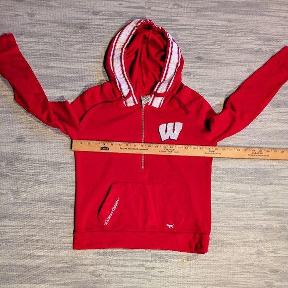 Pink Victoria's Secret Red‎ WI 1/2 Zip Hoodie, Embellished W, Striped Hood, Sz S - Picture 7 of 8